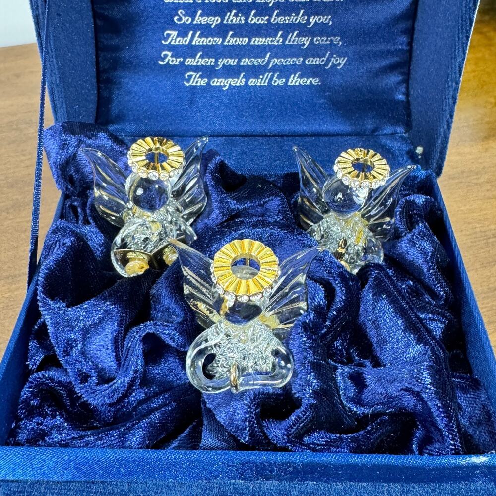 Your Worry Music Box 3 Glass Hand Spun Angels 18K Gold Swarovski Crystals